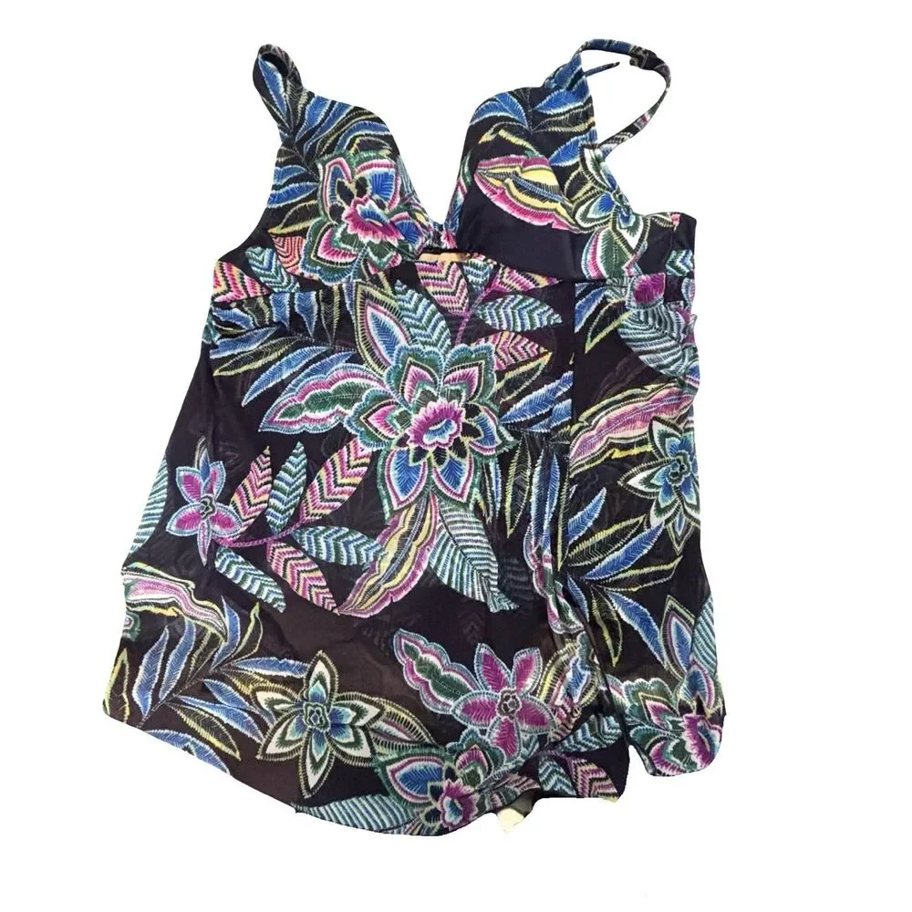Cacique 1 Pc Swimdress Tropical Floral Women’s 40C Lightly Lined Plunge Swimsuit